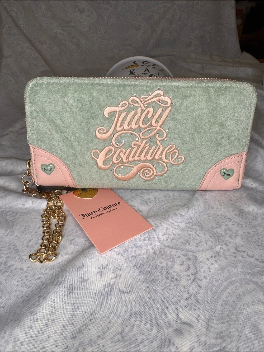 Juicy Couture Soft Terrycloth Mint with Pink Embroidered Logo Wristlet Wallet